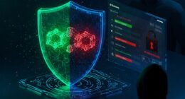 Digital shield protecting financial transactions from cybercriminals with lock, blockchain, and warning symbols
