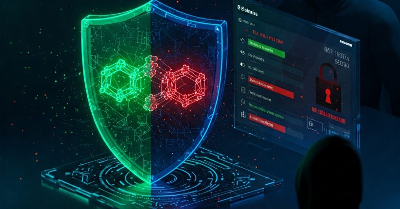 Digital shield protecting financial transactions from cybercriminals with lock, blockchain, and warning symbols